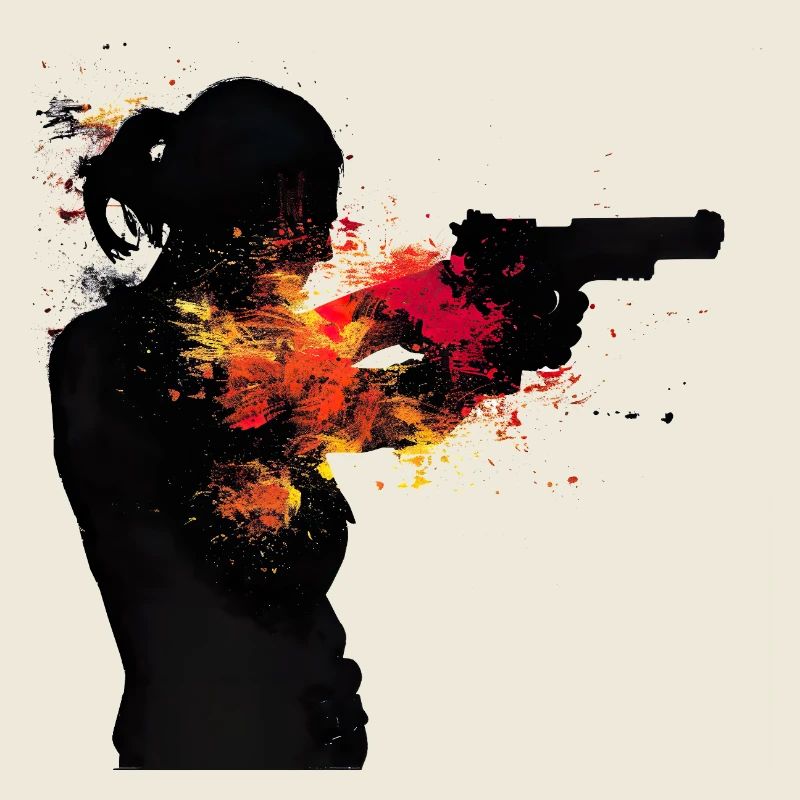 Femme abstraite avec pistolet en couleur explosion, sport