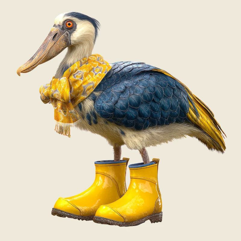 Creative shoebill bird in rubber boots