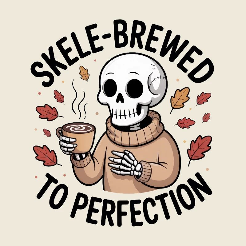 Cozy skeleton in sweater with hot chocolate