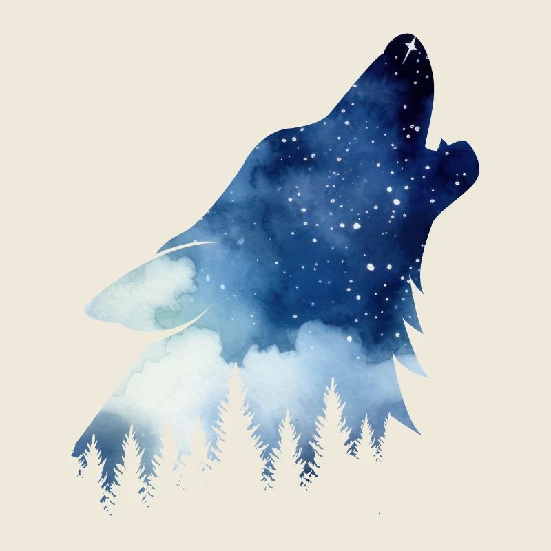 Loup hurlant – Aquarelles Ciel étoilé Forêt