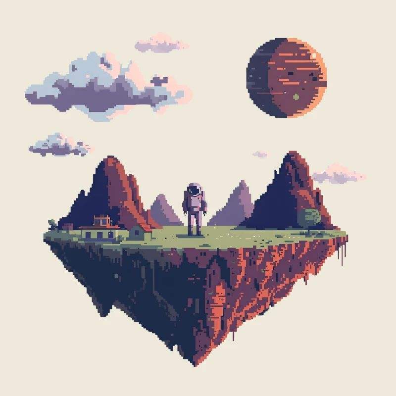 Astronaute pixel 8 bits sur une île flottante