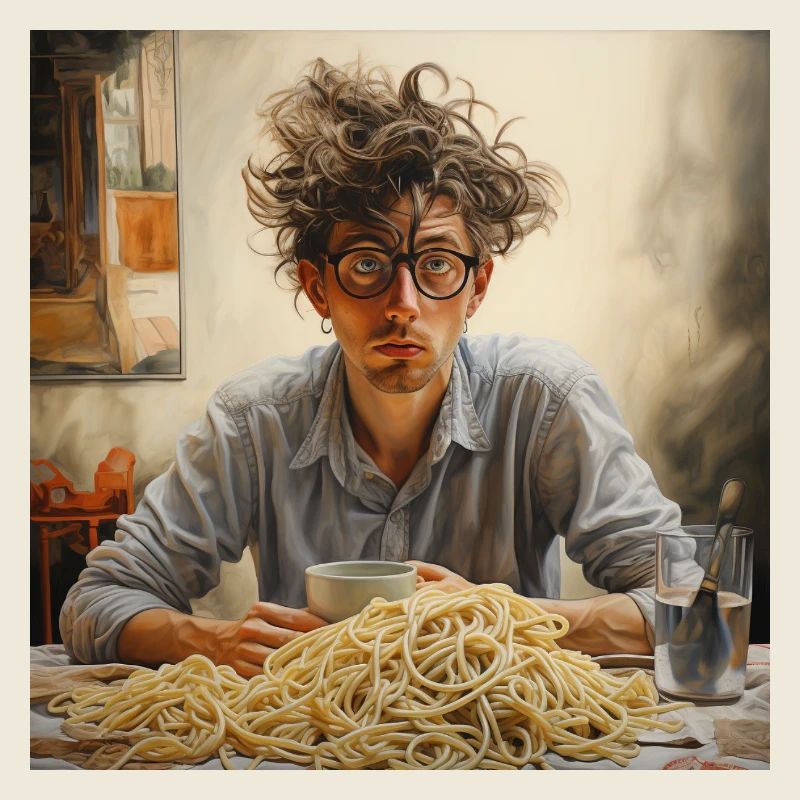 Junger Mann wirres Haar mit Spaghettiberg Brille