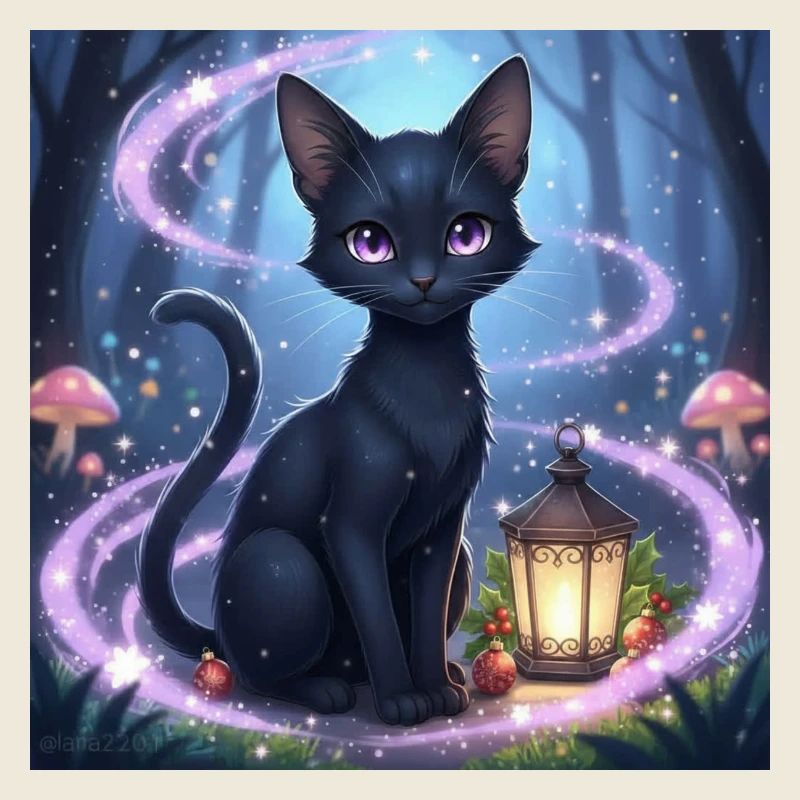 Magische schwarze katze mit laterne