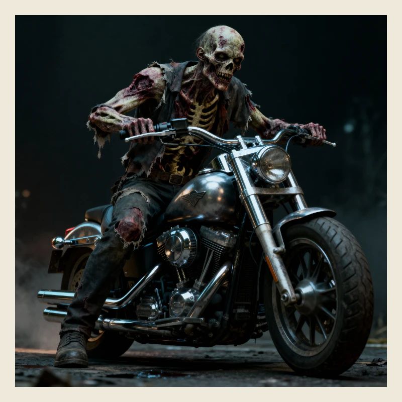 Zombie biker on motorcycle in pit light