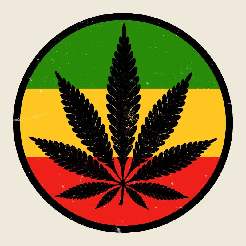 Une feuille de cannabis à l'intérieur d'un cercle rouge jaune vert