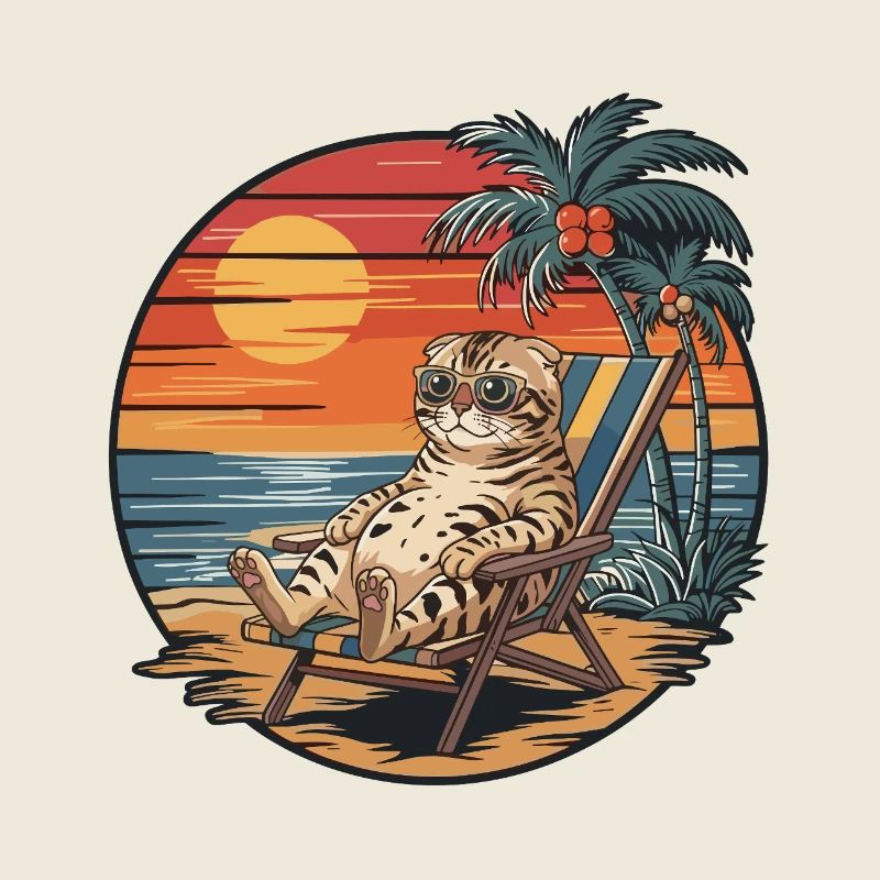 Drôle de chat du Bengale sur le coucher de soleil des vacances d’été à la plage