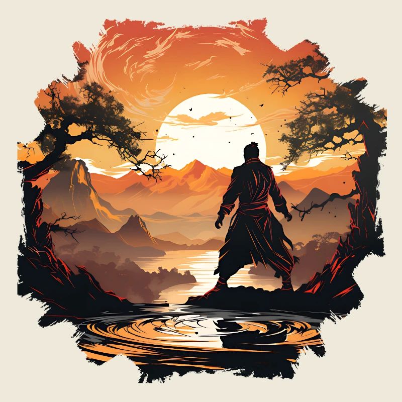 Sonnenuntergangsamurai am stillen See