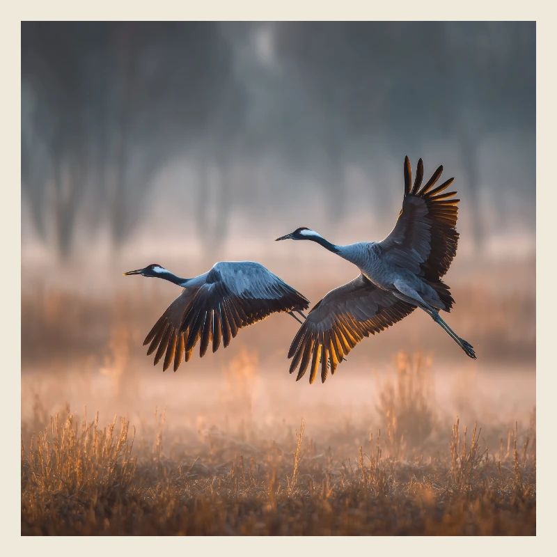 Kraniche Morgennebel Zugvögel Golden Light