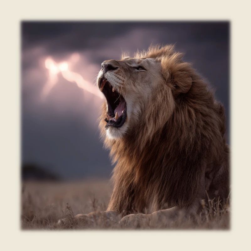 Dramatischer Roaring King Löwe im Sturm