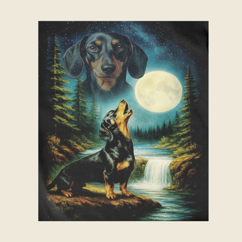 Dachshund Dog Howling at Full Moon Waterfall Art