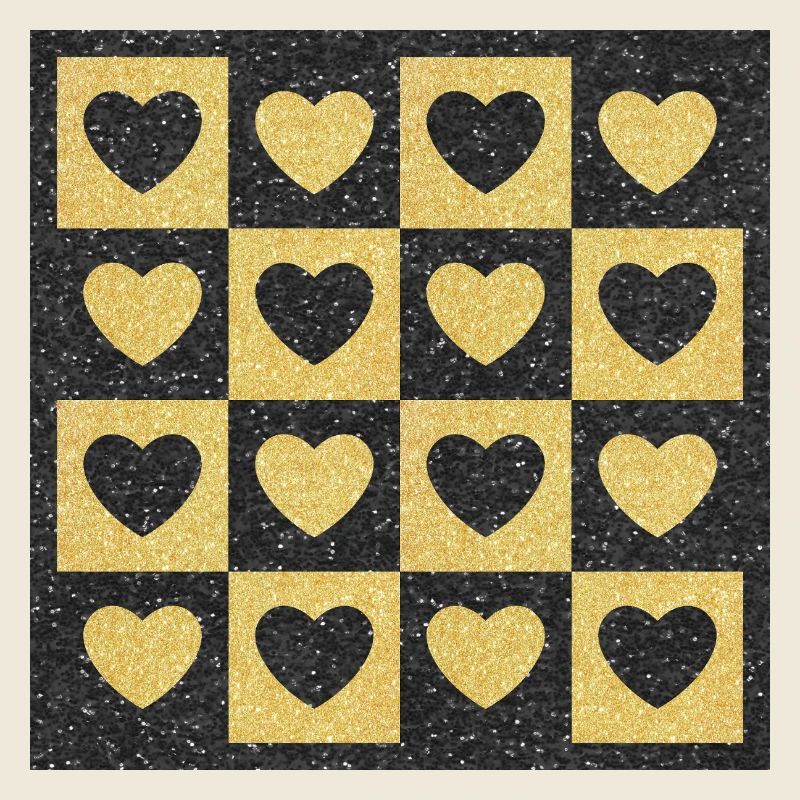 Checkerboard Golden Hearts on Black Glitter