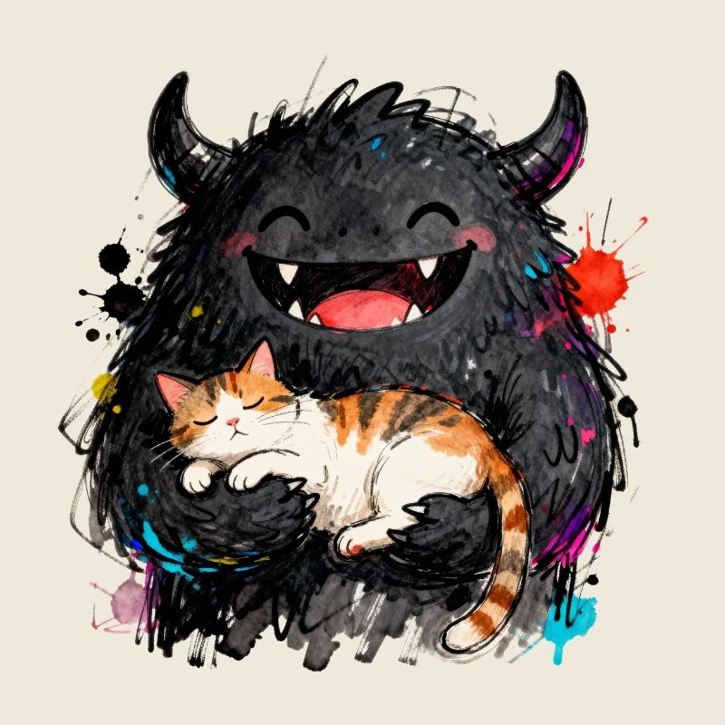 Kuscheliges lachendes Monster mit Katze im Arm