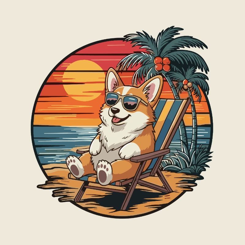 Funny Corgi Dog on Beach Summer Vacation Sunset