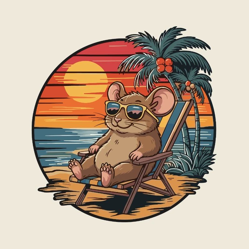 Funny Mouse on Beach Summer Vacation Sunset