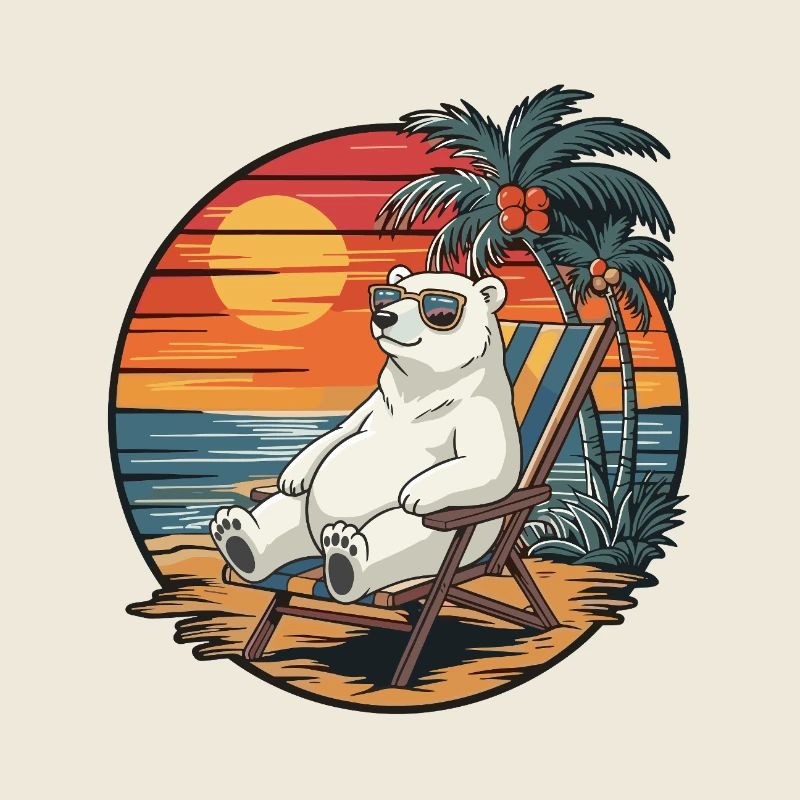 Funny Polar Bear on Beach Summer Vacation Sunset