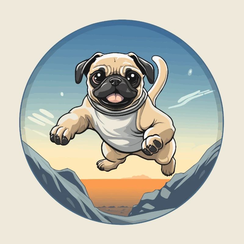 Pug jump over mountain landscape