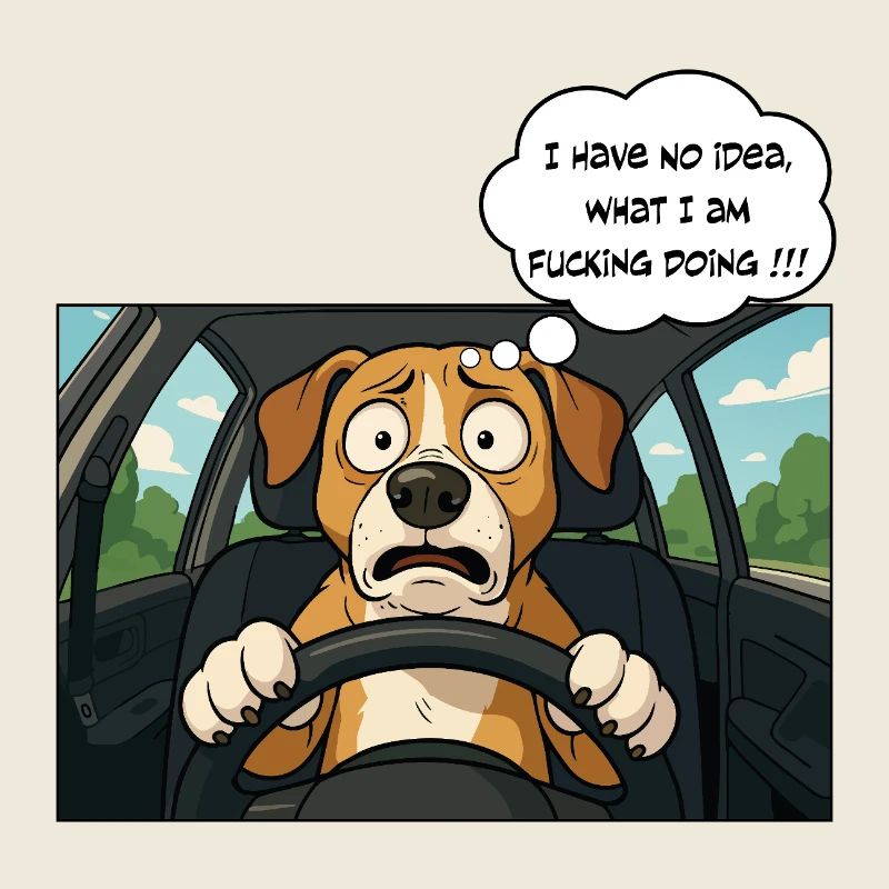 Cartoon-Hund am Steuer, Fahranfänger