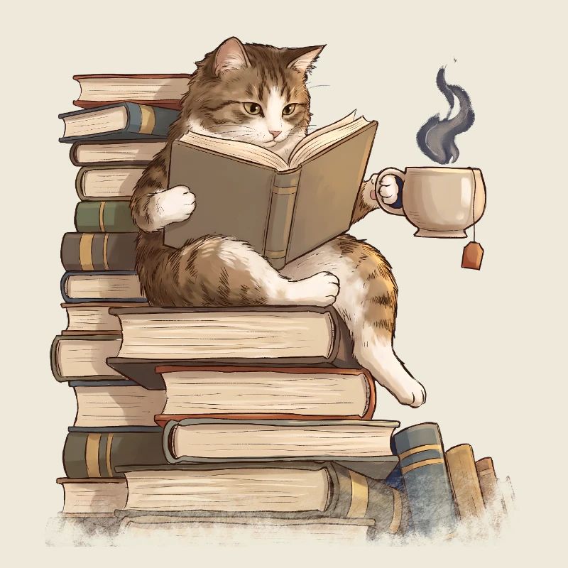 Katze liest Bücher