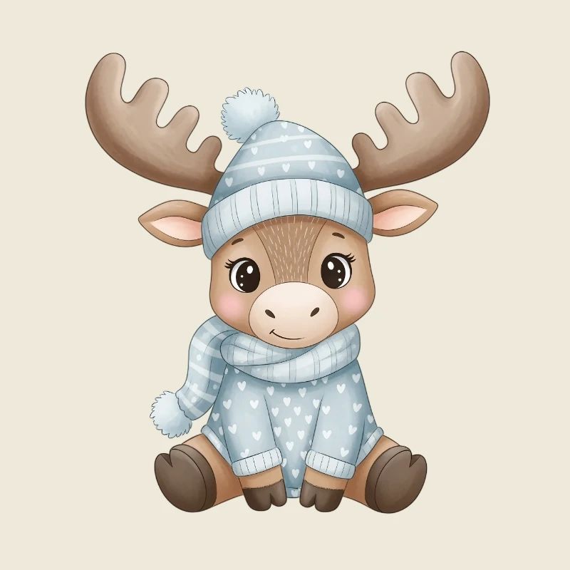 Renne d’hiver en bleu avec chapeau et écharpe