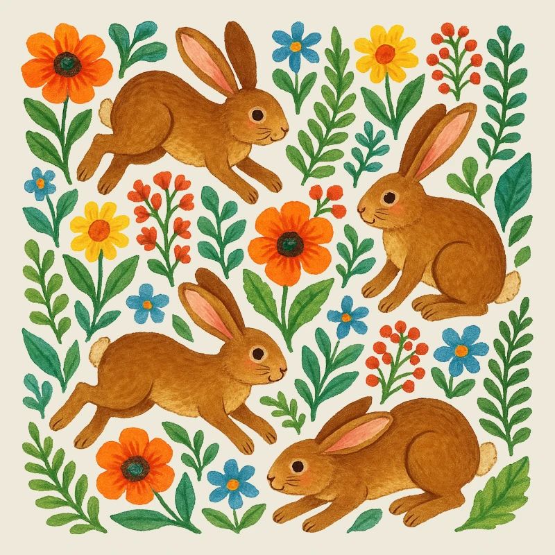 Lapins en fleurs à l’aquarelle