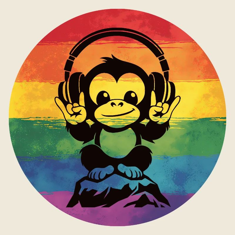 Regenbogen DJ Affe – Kopfhörer Rockhandzeichen