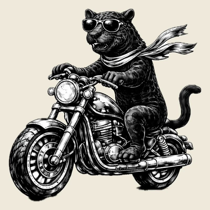 Schwarzer Panther auf Motorrad mit Sonnenbrille