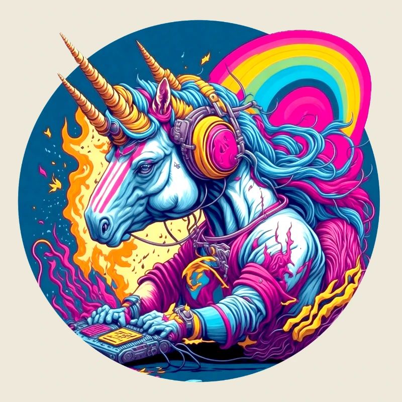 DJ licorne dans un arc-en-ciel néon