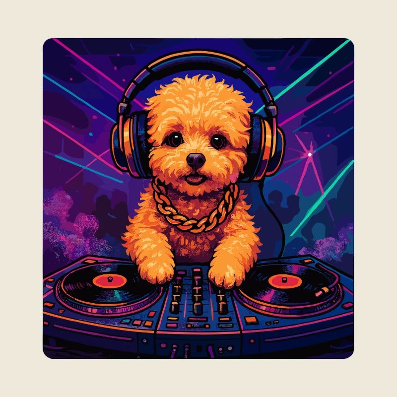 Maltipoo DJ : Chien mignon avec des écouteurs et du néon