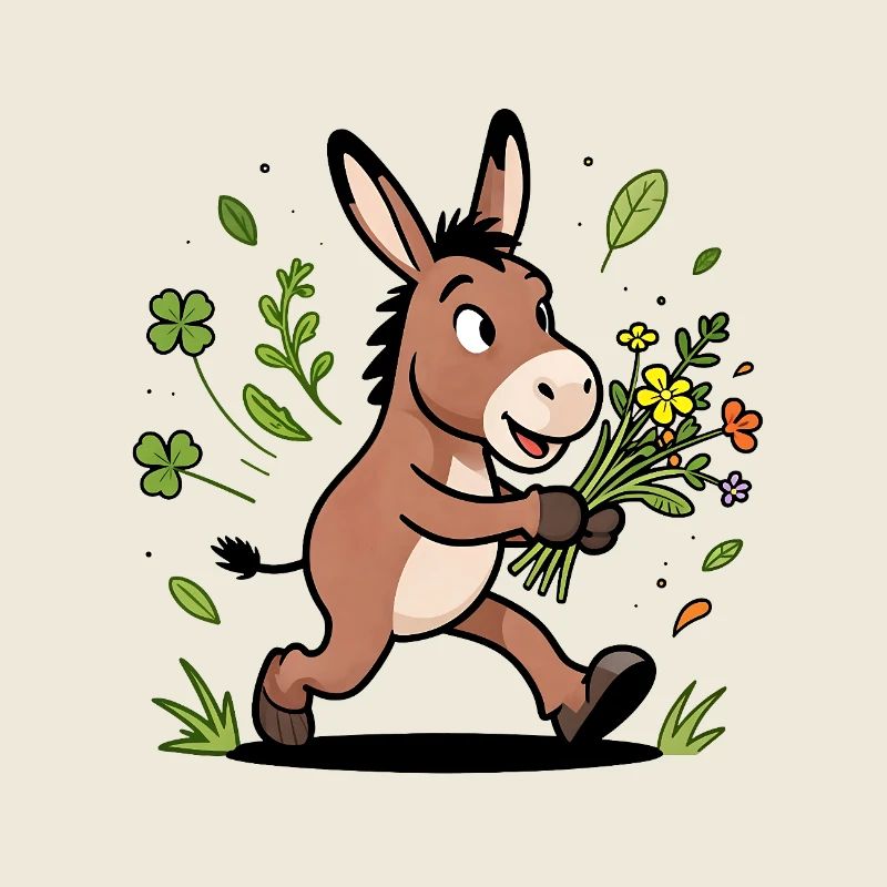 Âne joyeux et bouquet printanier