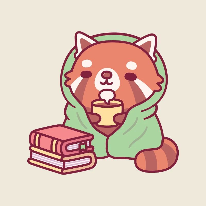 Cute Red Panda Chilling With Tea And Books