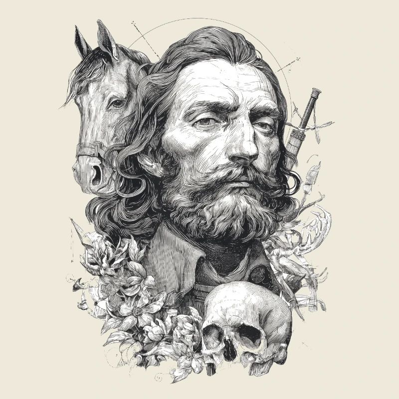 Mann, Pferd und Totenschädel