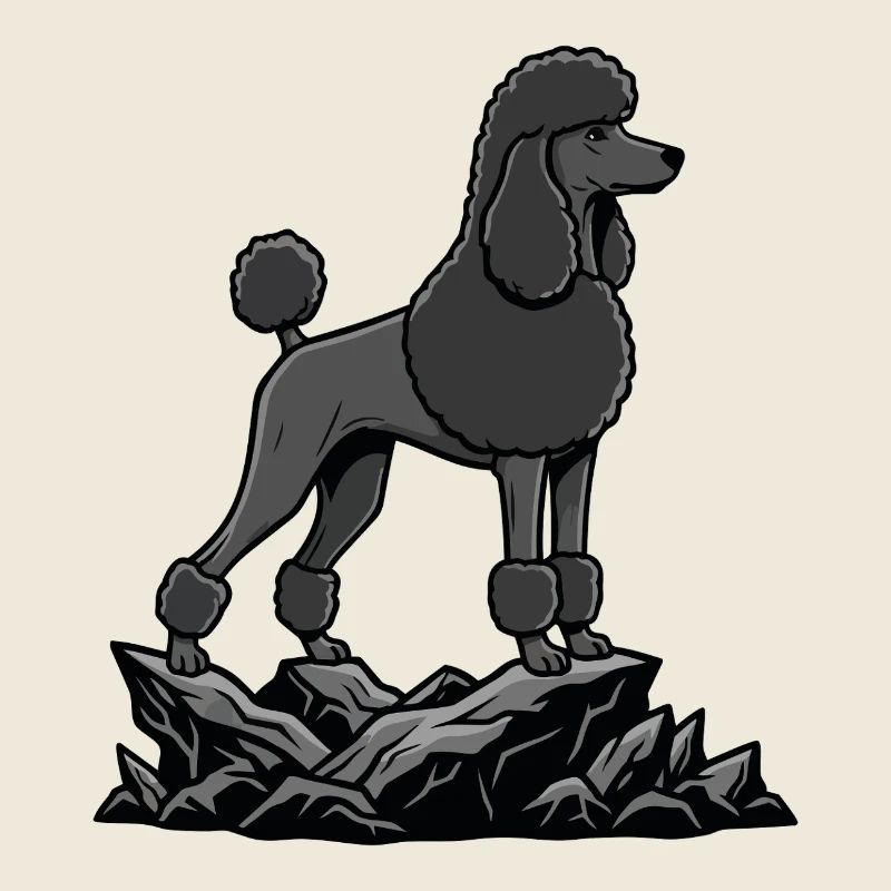 Chien Caniche Noir sur Rocher Portrait Élégant