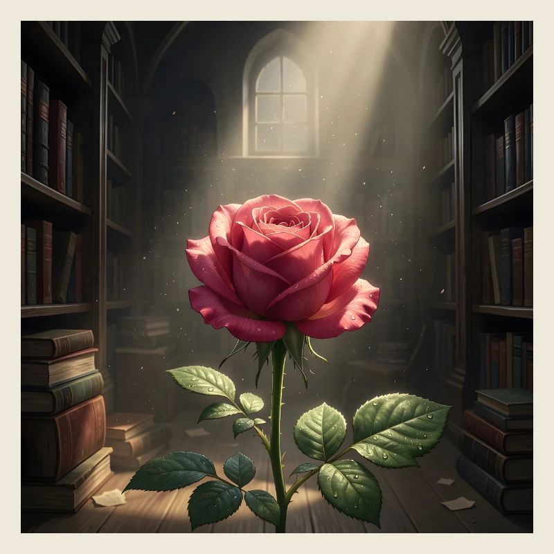 Rose au milieu de la lumière de la bibliothèque