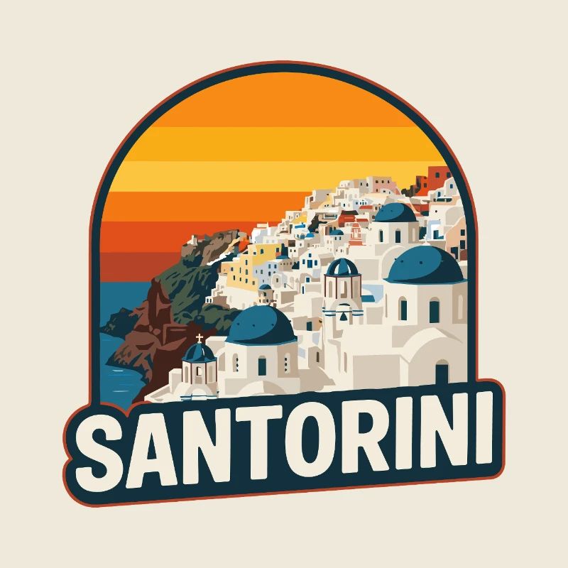 Santorin Grèce Art rétro de coucher de soleil sur une île