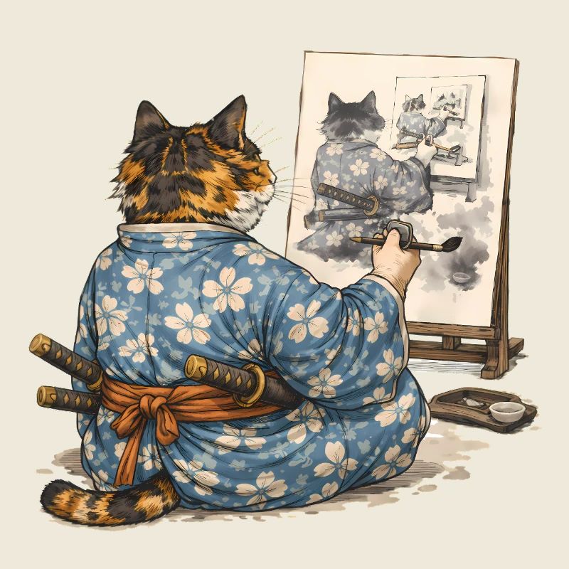 Samurai Cat Painting Sumi-e Ukiyo-e Art
