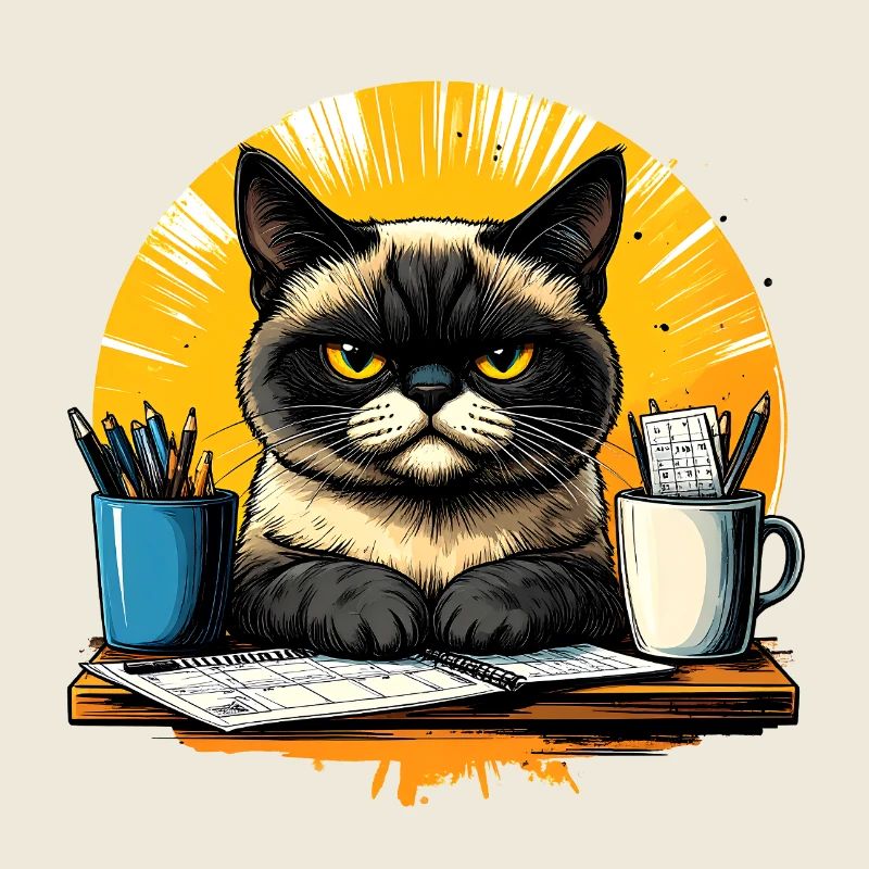 Grim office cat at desk