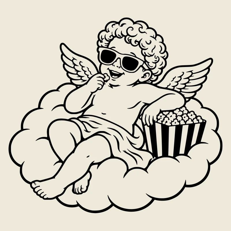 Cherub chillt mit Popcorn auf Wolke