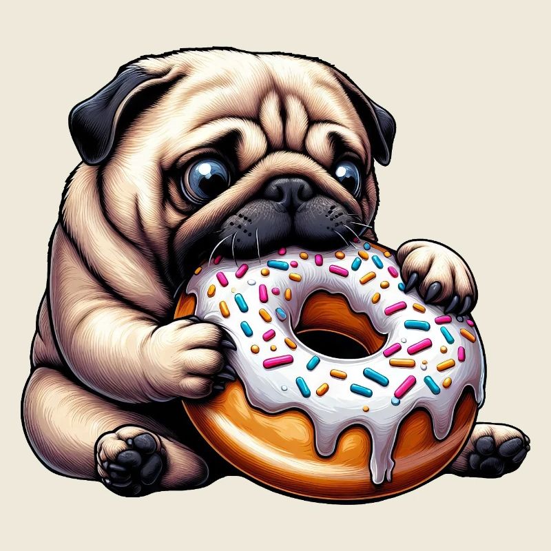 Carlin mignon avec beignet dessin animé Snacking drôle