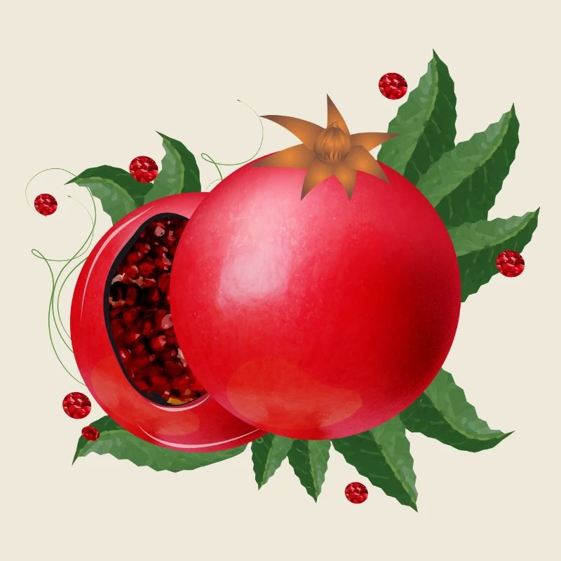 blood-red open pomegranates with leaves