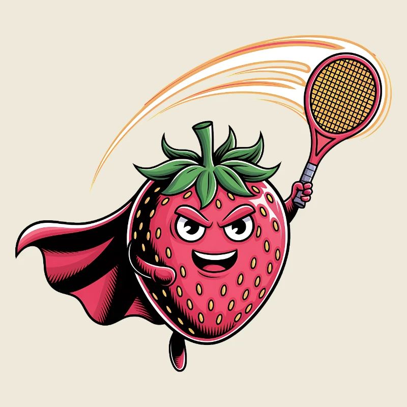 Erdbeere Superheld Tennis Smash mit Schläger