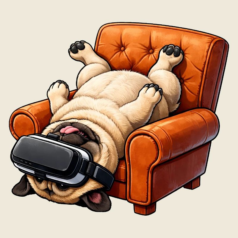 Mops mit VR Brille im Sessel