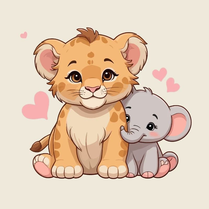 Bébé lion et bébé éléphant – Motif de l’amitié douce