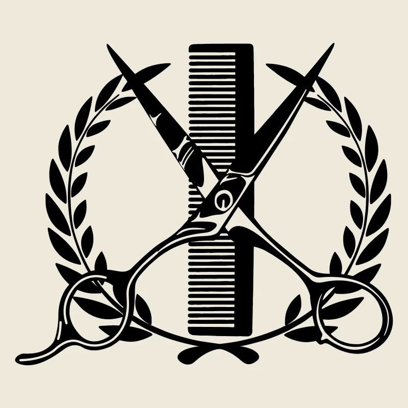 Logo couronne de laurier coiffeur, ciseaux avec peigne