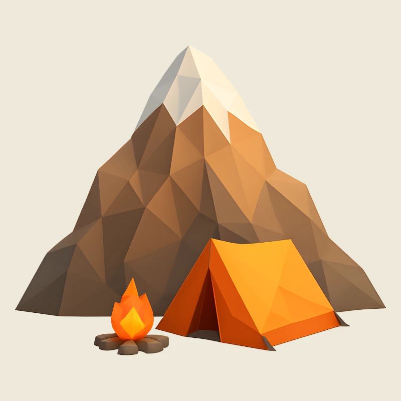 Camp de montagne low-poly avec tente et feu