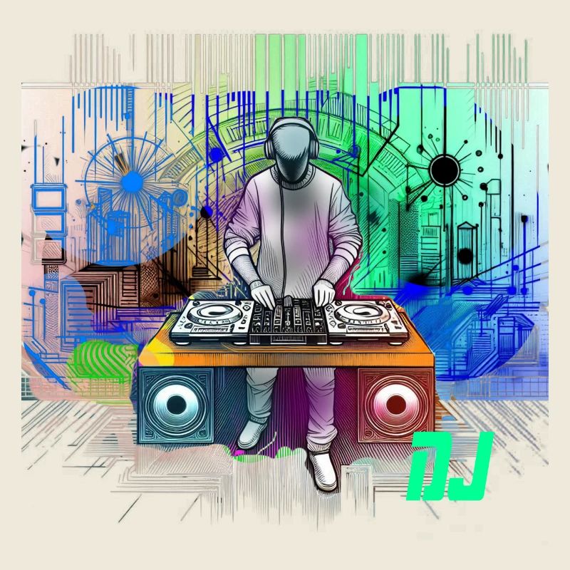 Dynamischer DJ mit bunten Techno-Designs