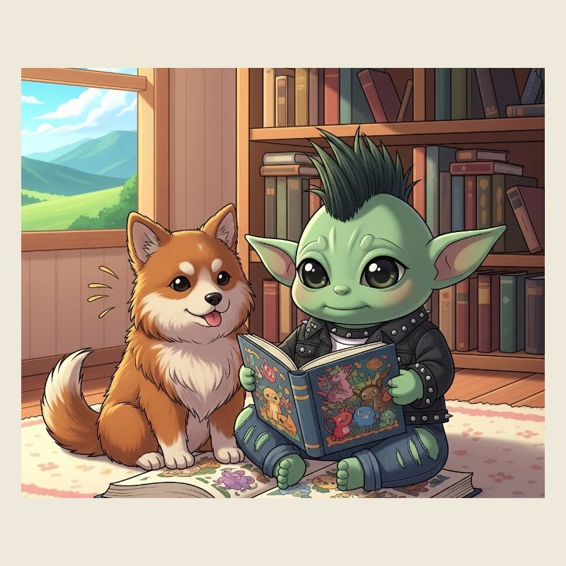 Mischender Kobold mit Hund im Bücherzimmer