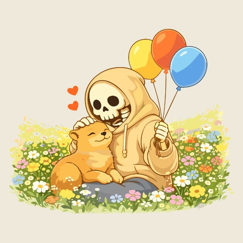 Cozy skeleton with cat on flower meadow