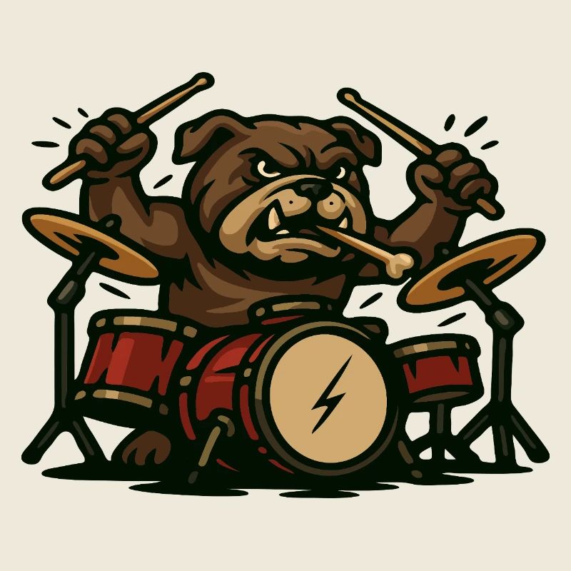 Rock Drummer Bulldog with Drum Set Cartoon Art