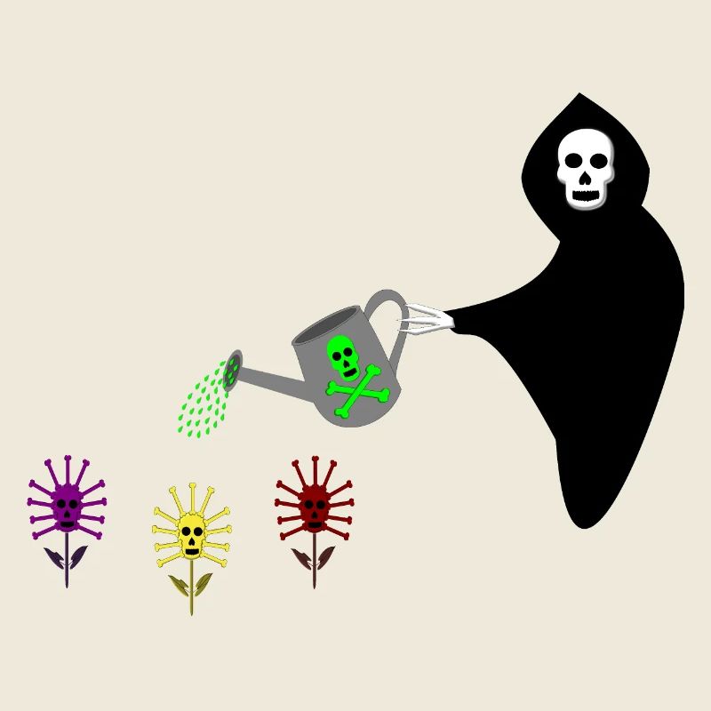 Sensenmann bewässert den Garten der Totenkopfblumen