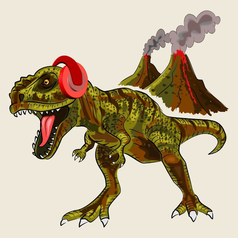Dinosaurier mit Kopfhörern vor Vulkan
